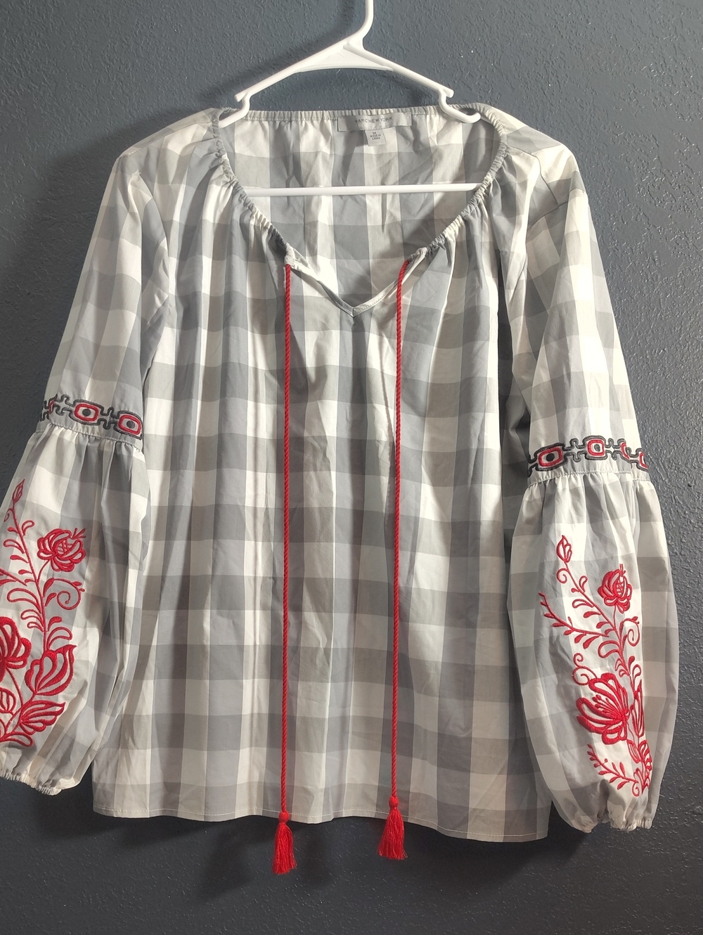 Gray Red Plaid Gingham Peasant Top with Red Embroidery Tassels Ballon Sleeves